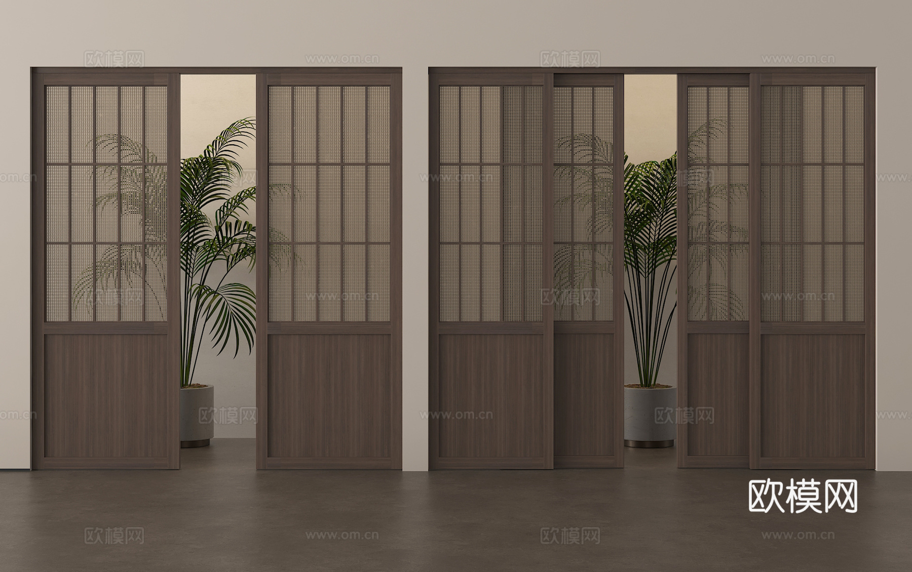 中古侘寂推拉门 藤编木移门su模型