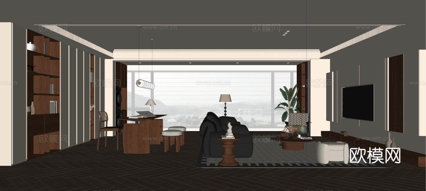 中古风客厅 沙发茶几 书桌椅 电视背景墙 书柜 吊灯su模型