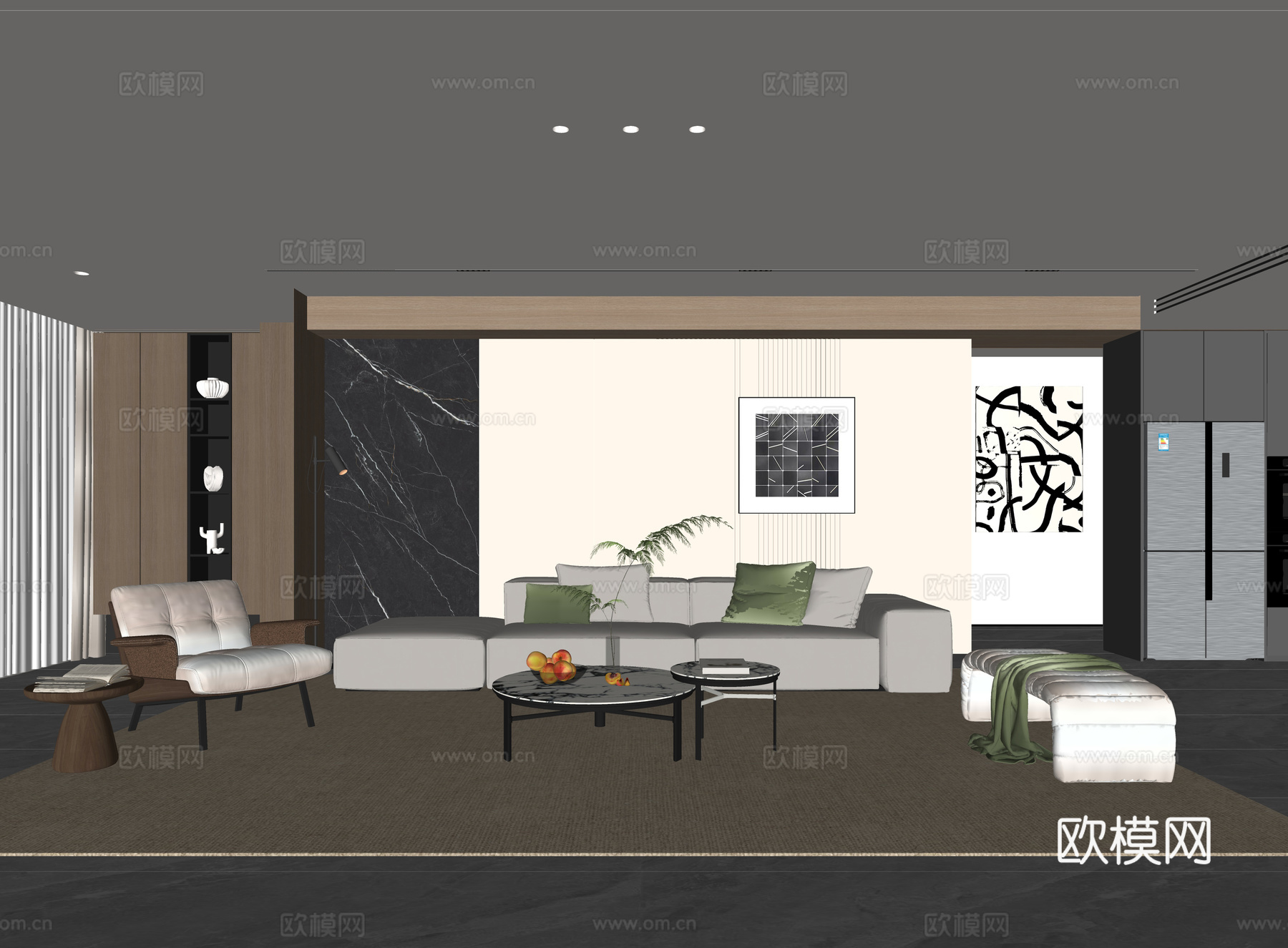 现代客厅 沙发茶几组合 休闲椅 凳子 落地灯 装饰画 摆件组su模型