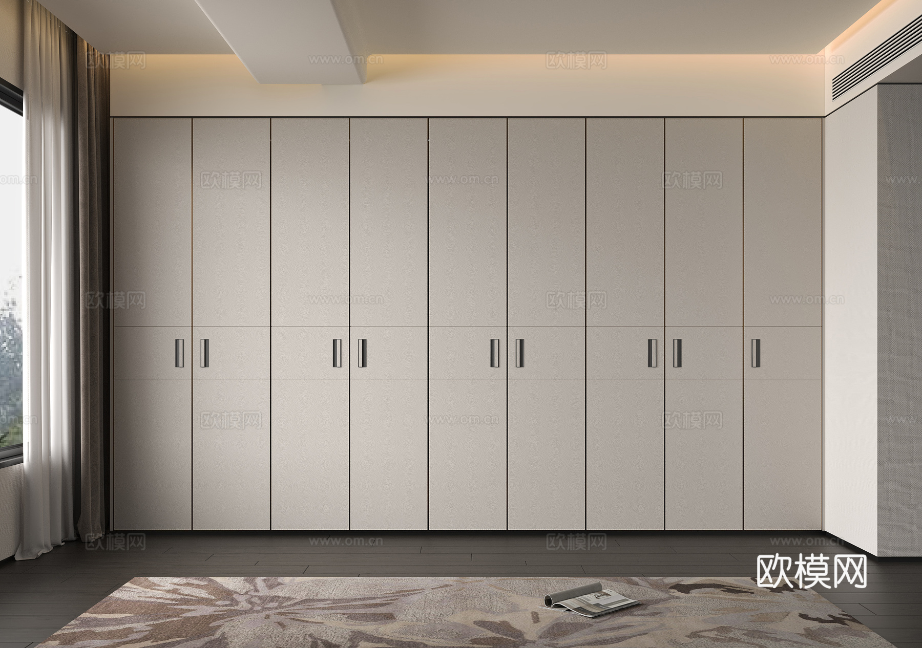 现代皮革衣柜 意式皮革衣柜 米色细纹皮革柜门 轻奢皮革衣柜su模型