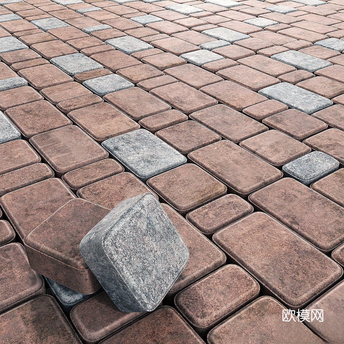 红灰双色铺路石 红色石块与3d模型