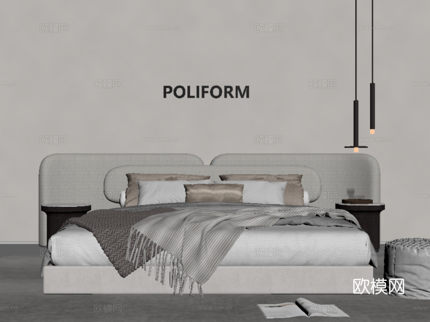 现代双人床 床头柜 吊灯 床品su模型