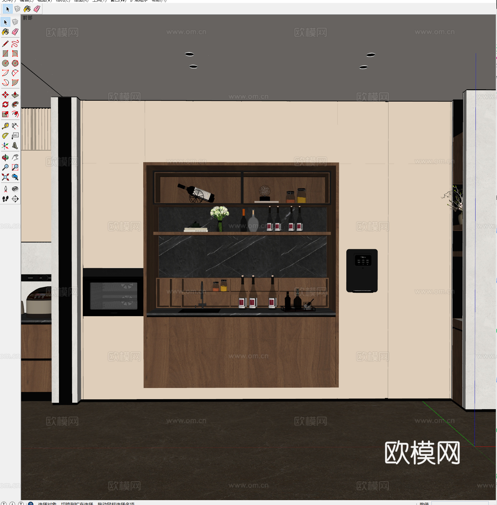 现代西厨酒柜餐柜 现代餐边柜烤箱 餐厅直饮机红酒 酒柜饰品摆su模型