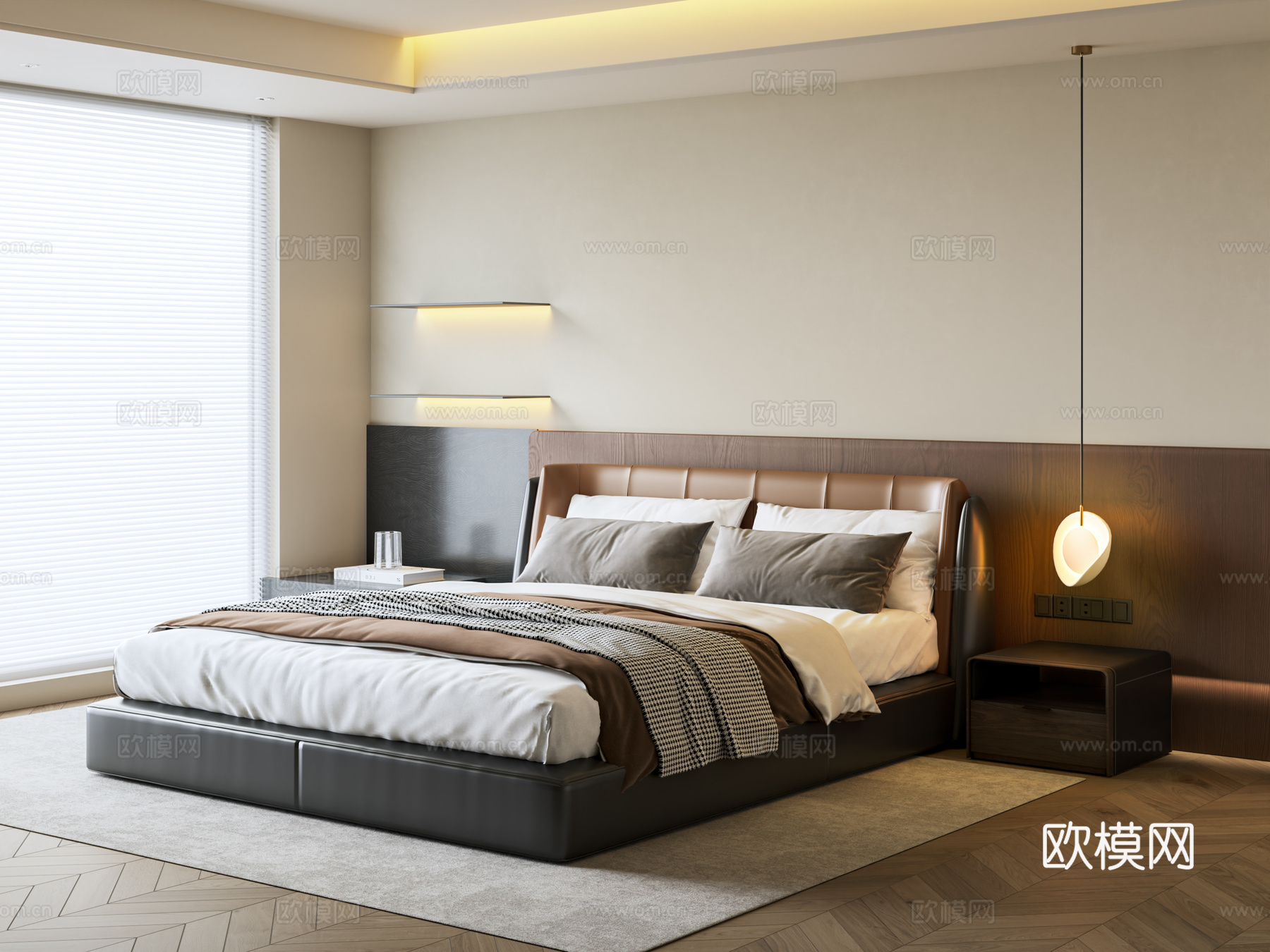 现代意式双人床 皮质双人床 床头柜 意式卧室 主人房3d模型下载
