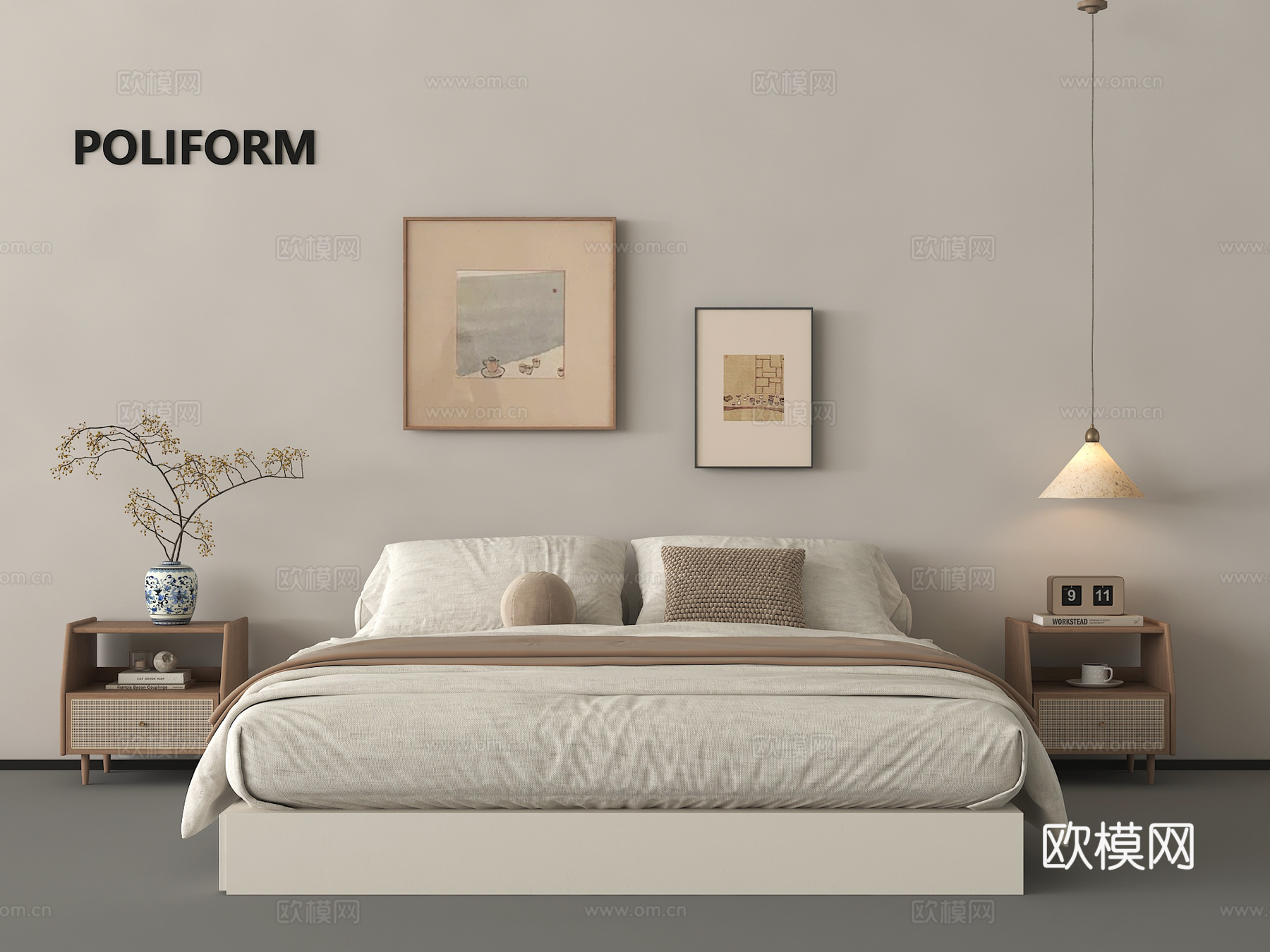 现代双人床 床头柜 吊灯 挂画su模型