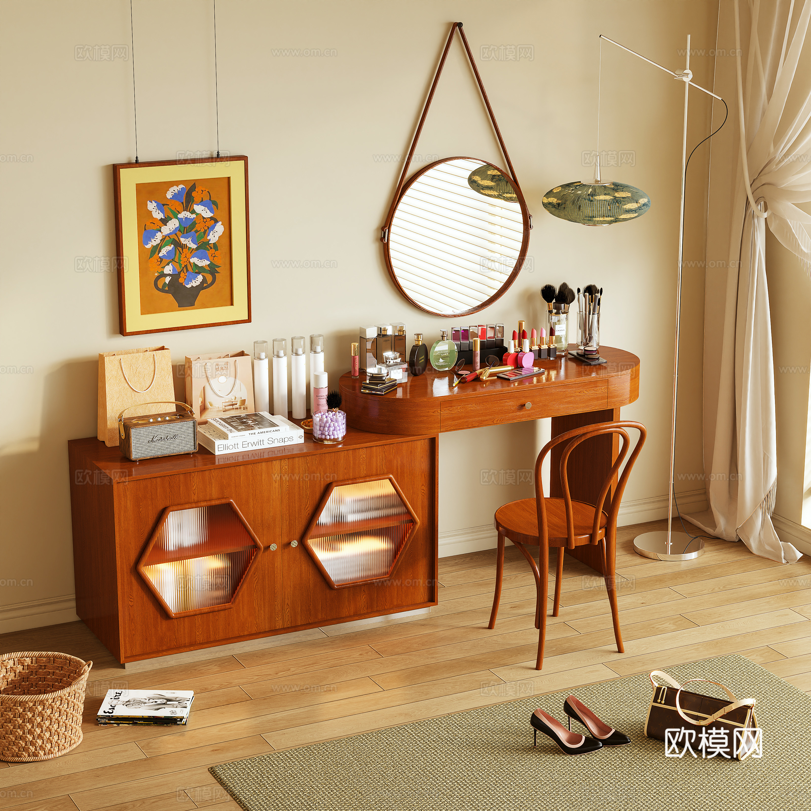 梳妆台 化妆桌 化妆品 储物柜 落地灯 摆件3d模型下载