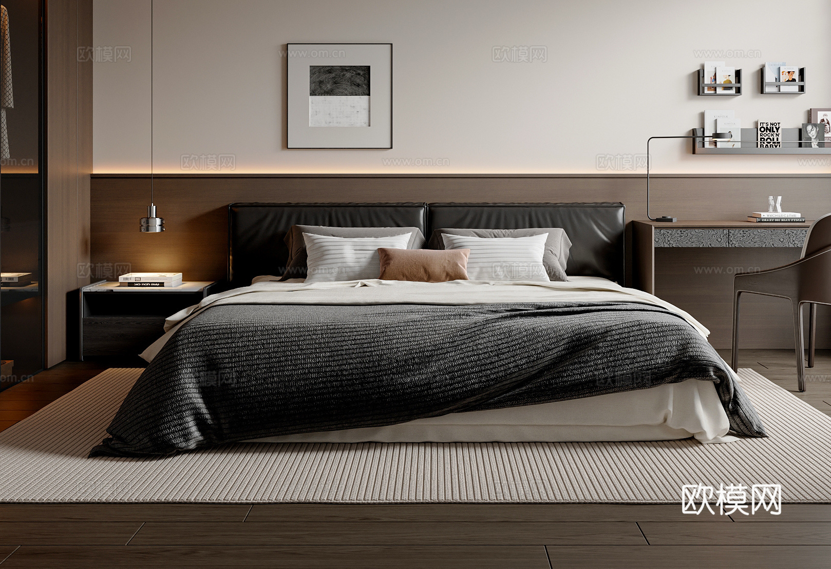 现代简约双人床 书桌椅组合 挂画 床头柜 床头吊灯su模型