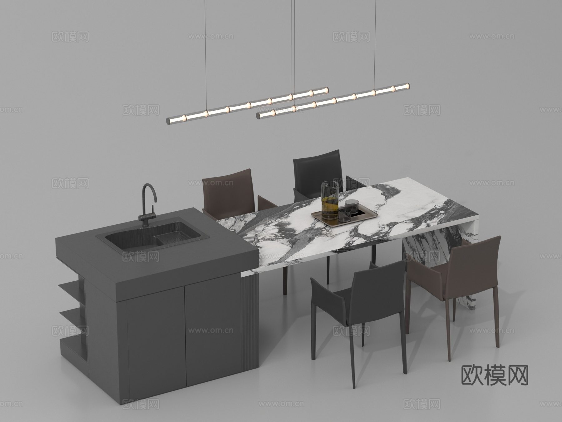 现代中岛台 吧台 操作台餐桌椅3d模型