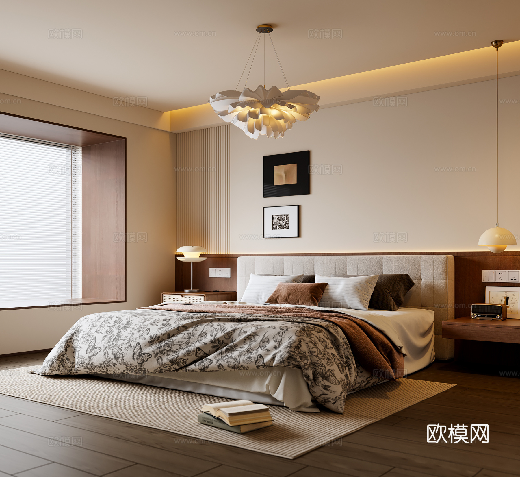 中古风卧室 布艺双人床 床头柜 吊灯 挂画 地毯su模型