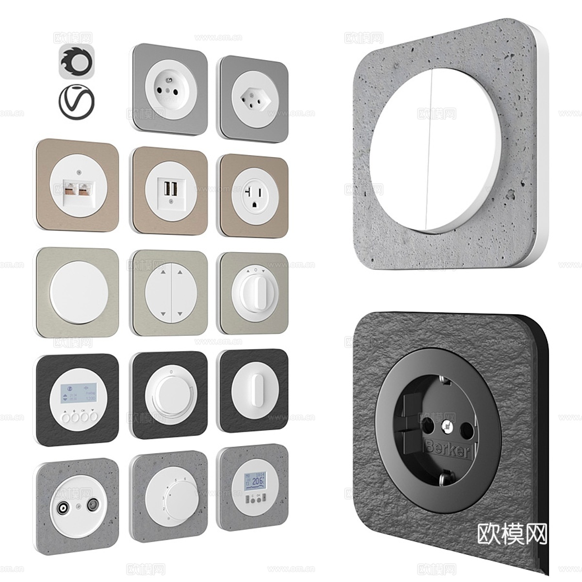 Berker R1 砂面混凝土、铝与板岩3d模型下载