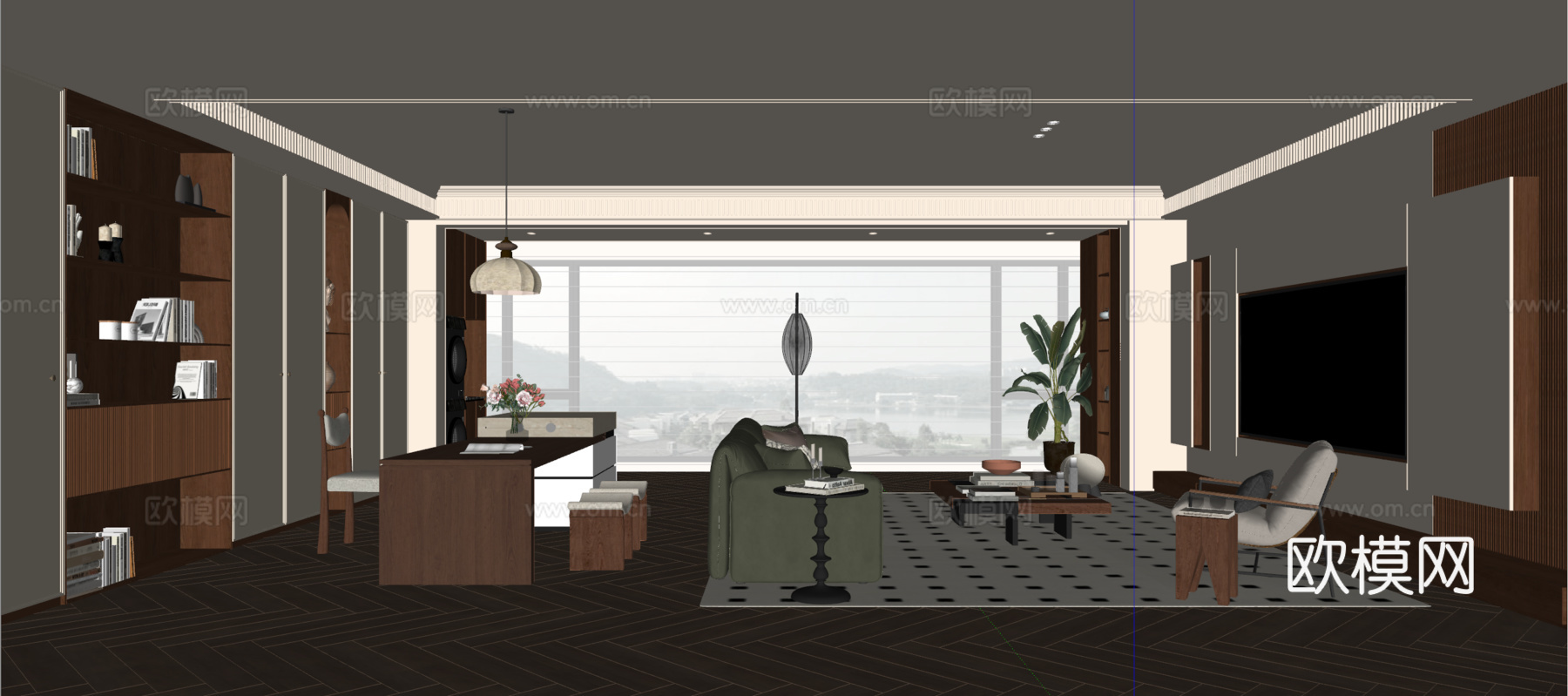 中古风客厅 沙发茶几 书桌椅 电视背景墙 书柜 吊灯su模型