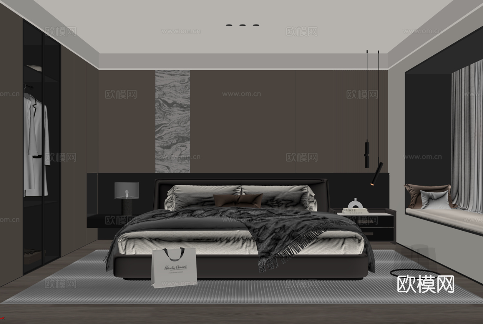 意式轻奢家居卧室 主卧床头背景墙 皮质双人床 无主灯卧室3d模型下载（渲染图2）