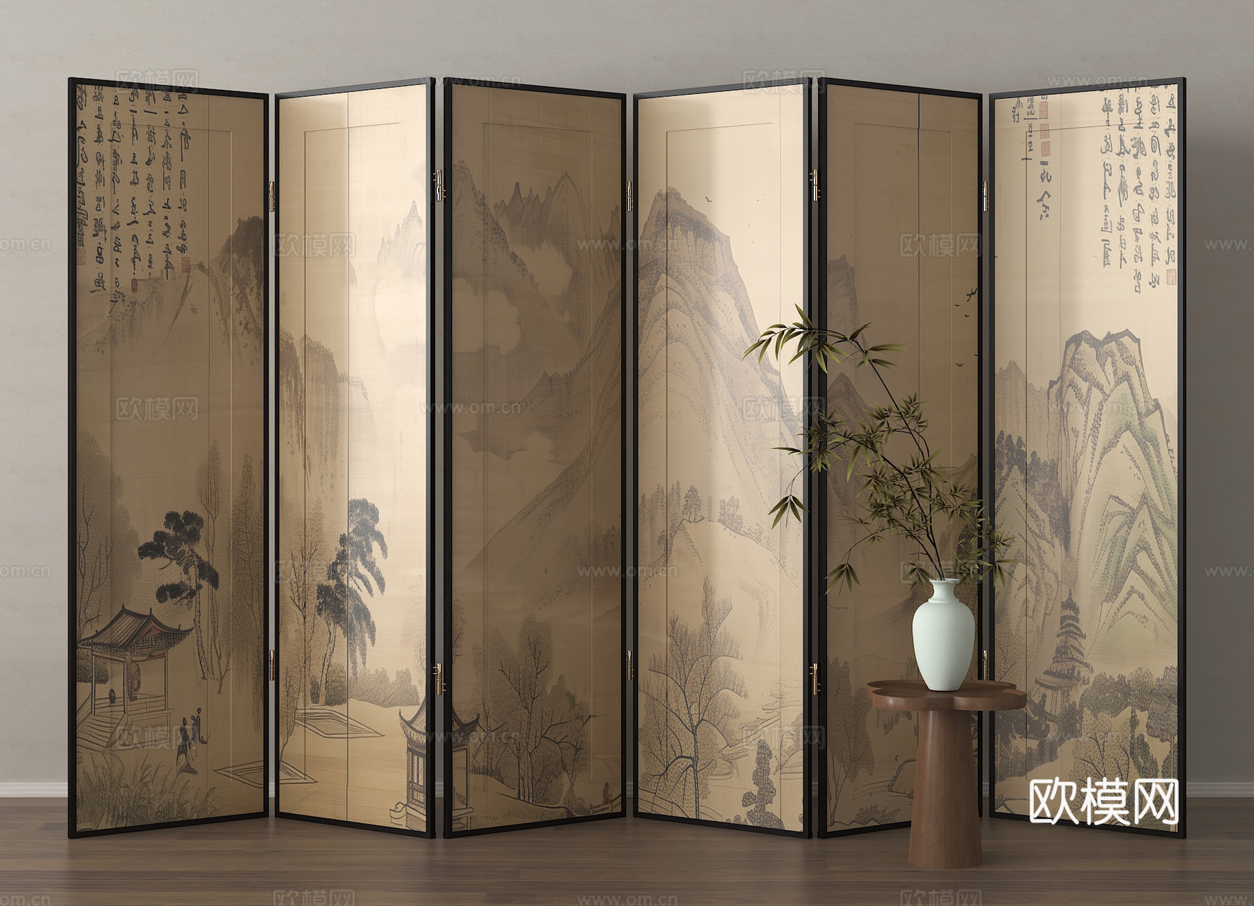 新中式屏风隔断 可折叠屏风su模型