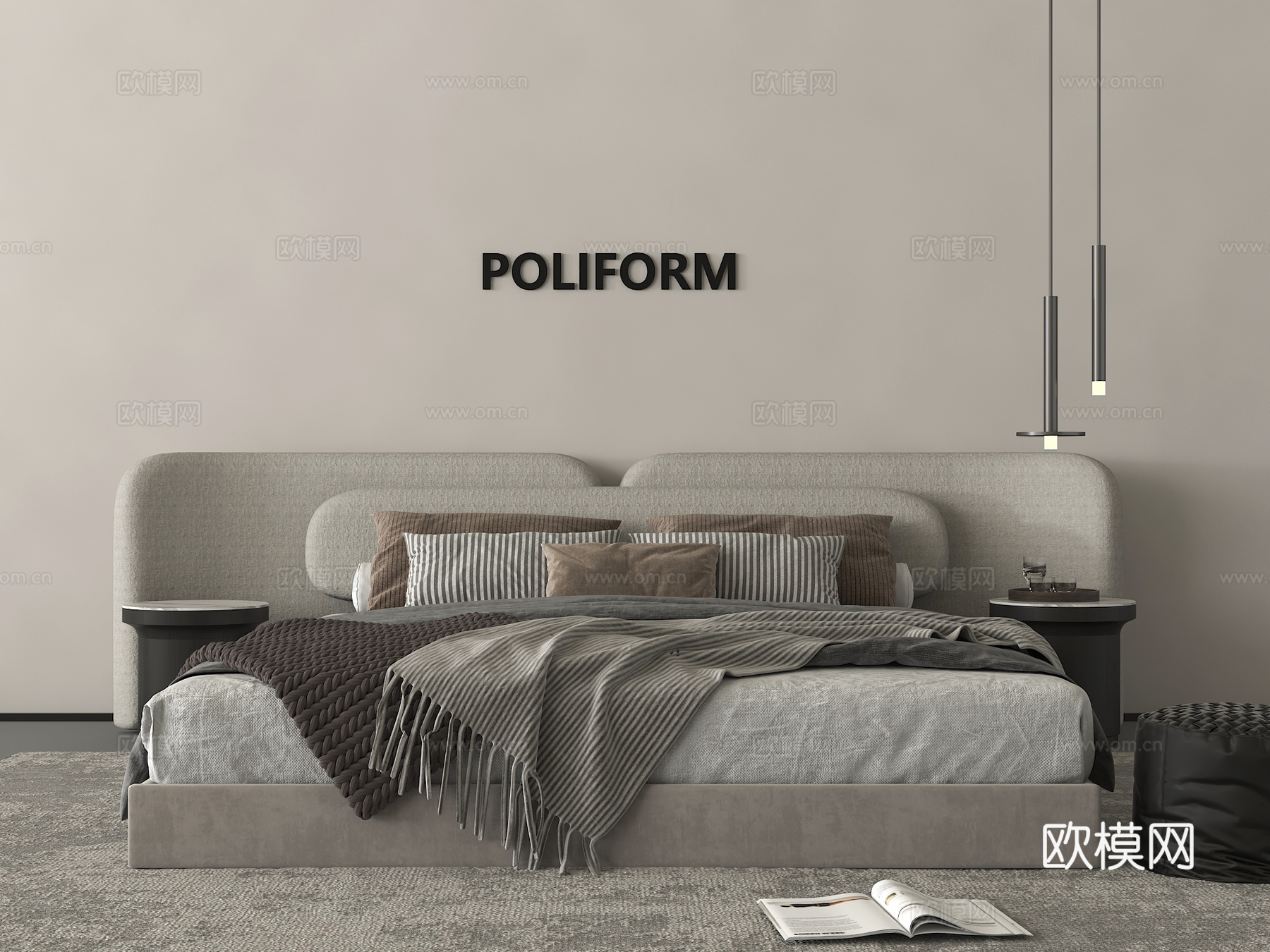 现代双人床 床头柜 吊灯 床品su模型