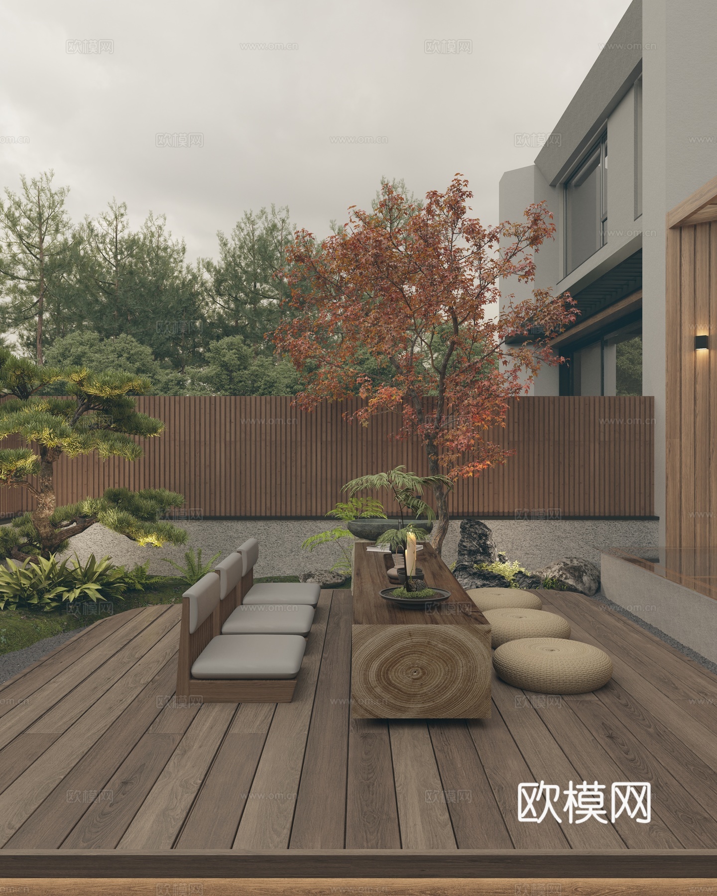 现代新中式 禅意文化景观 庭院花园 围栏围墙围挡 茶桌椅 蒲3d模型下载