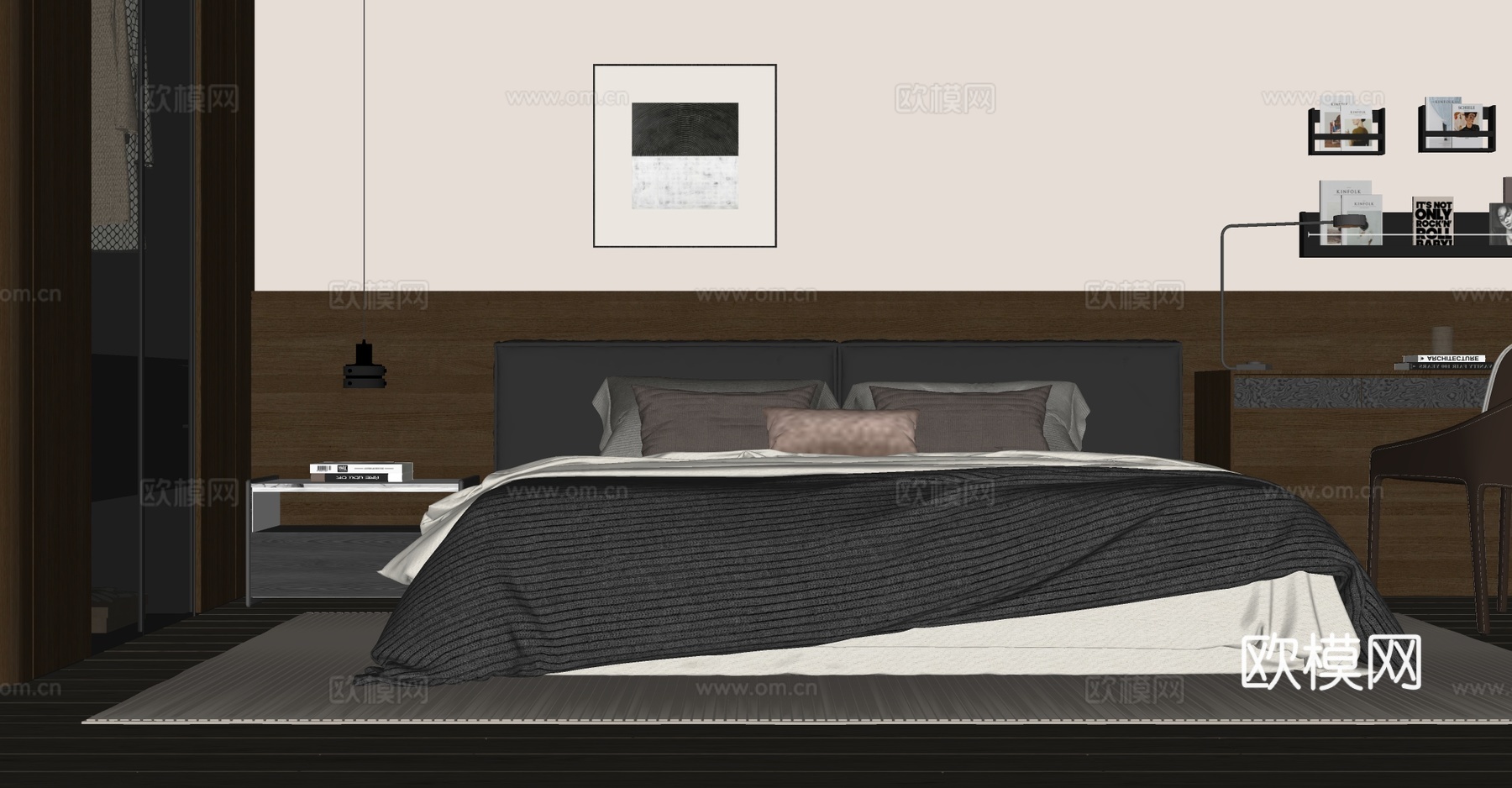 现代简约双人床 书桌椅组合 挂画 床头柜 床头吊灯su模型