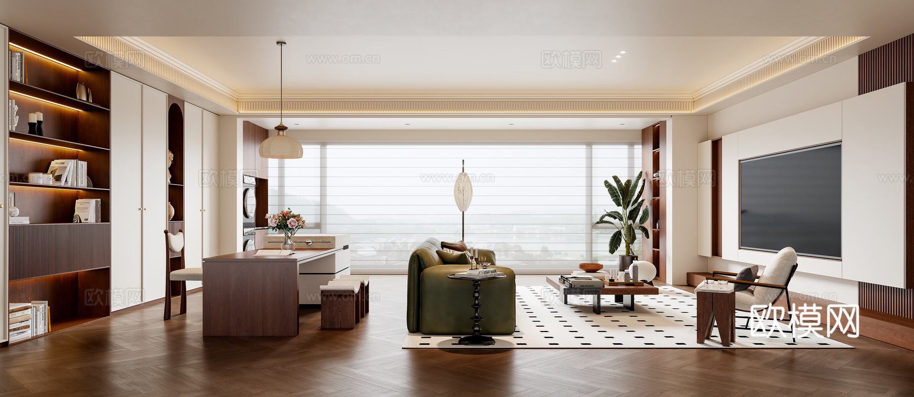中古风客厅 沙发茶几 书桌椅 电视背景墙 书柜 吊灯su模型