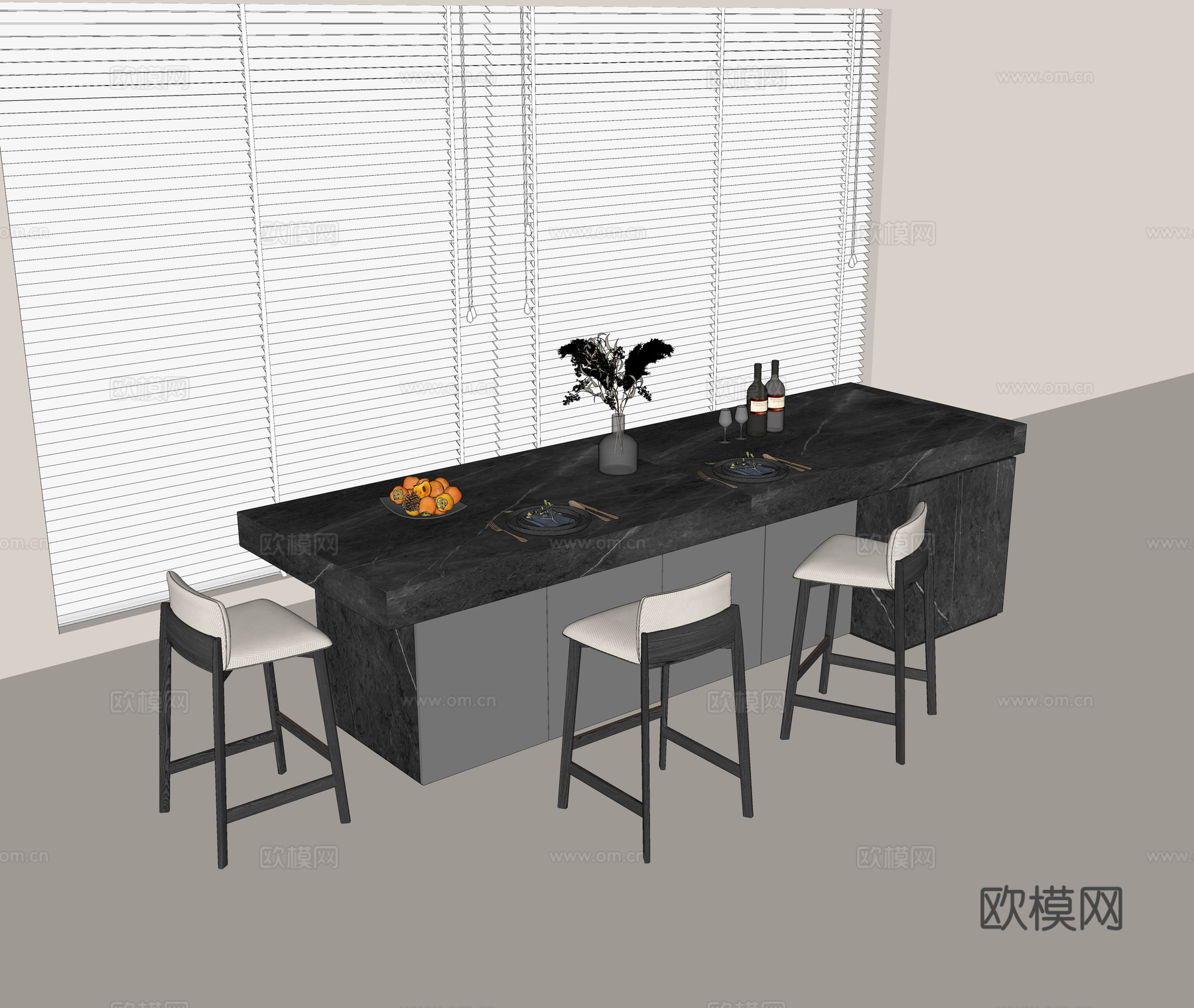 现代中岛吧台 大理石吧台 休闲吧椅 餐具 水果果盘 酒瓶酒杯su模型