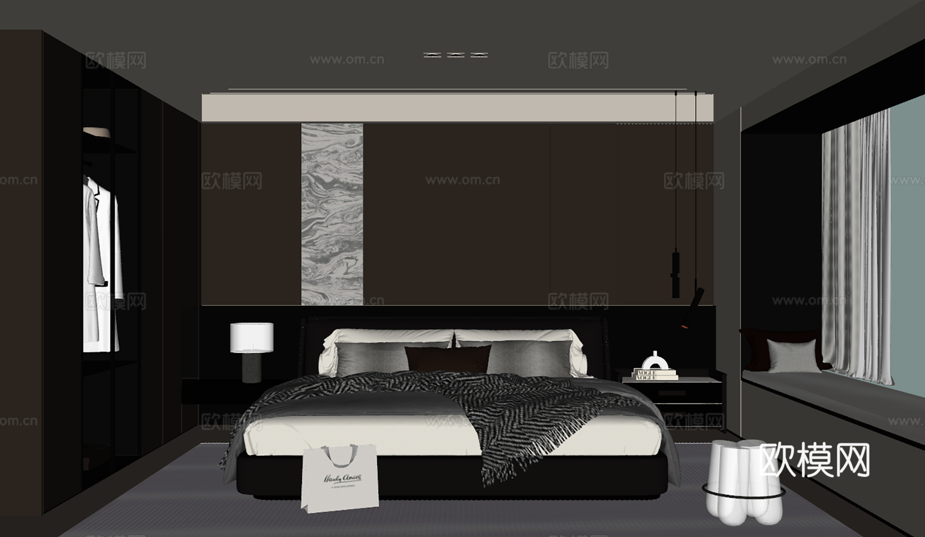 意式轻奢家居卧室 床头背景墙 皮质双人床 无主灯飘窗卧室 高su模型