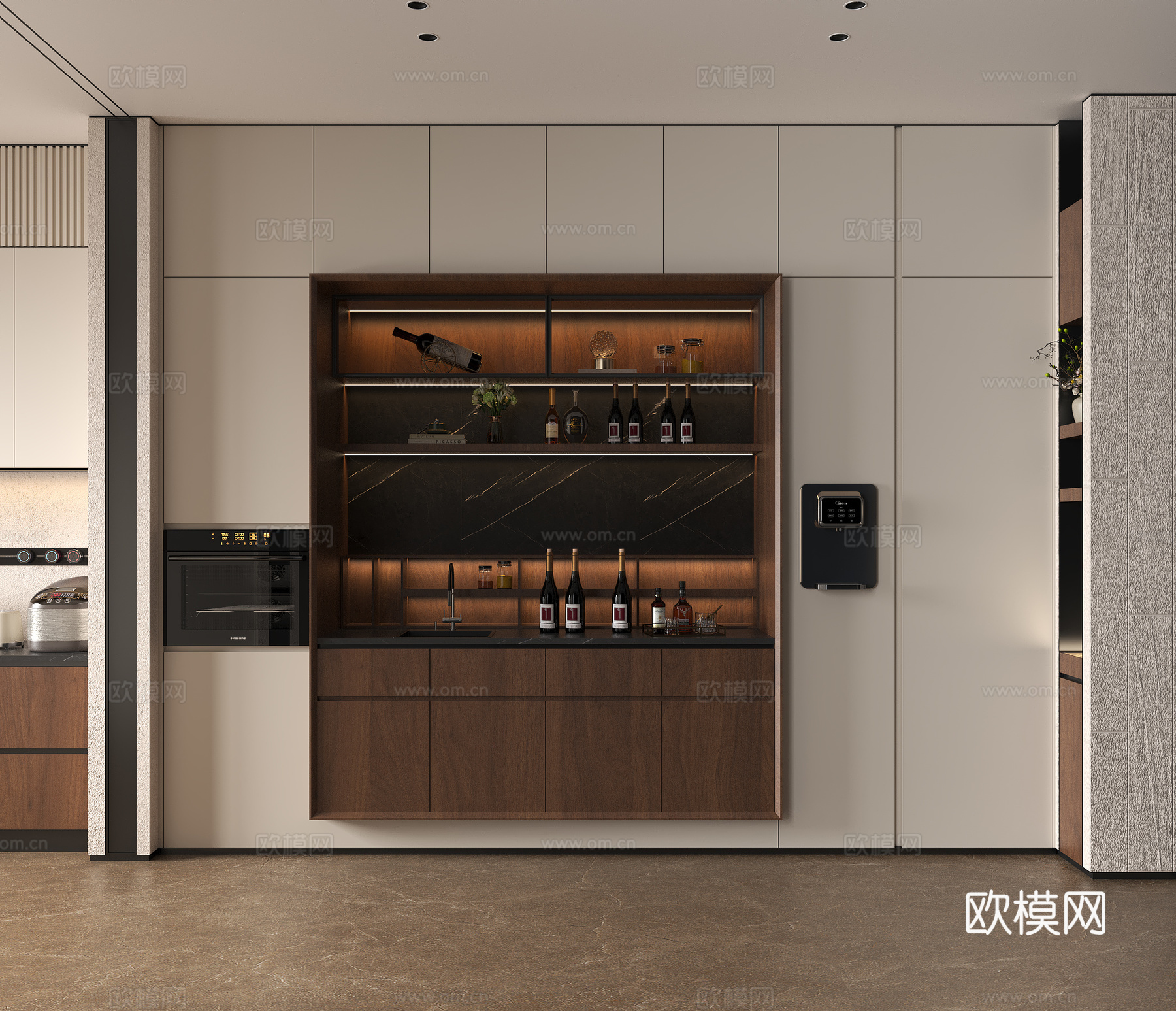 现代西厨酒柜餐柜 现代餐边柜烤箱 餐厅直饮机红酒 酒柜饰品摆su模型