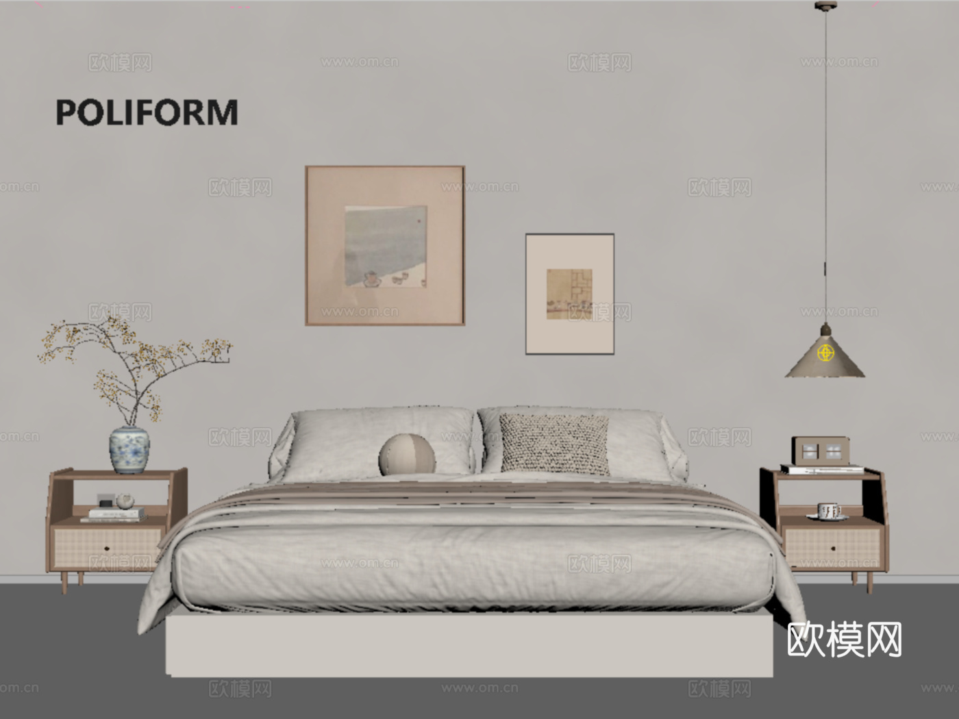 现代双人床 床头柜 吊灯 挂画su模型