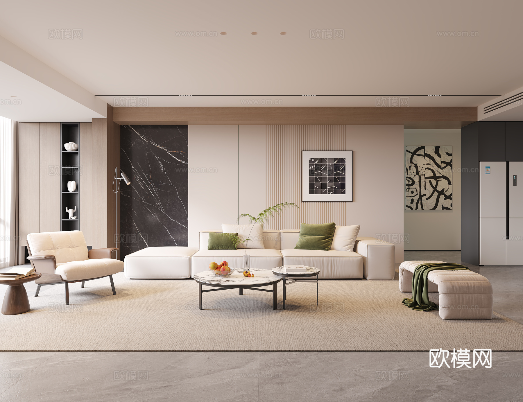 现代客厅 沙发茶几组合 休闲椅 凳子 落地灯 装饰画 摆件组su模型