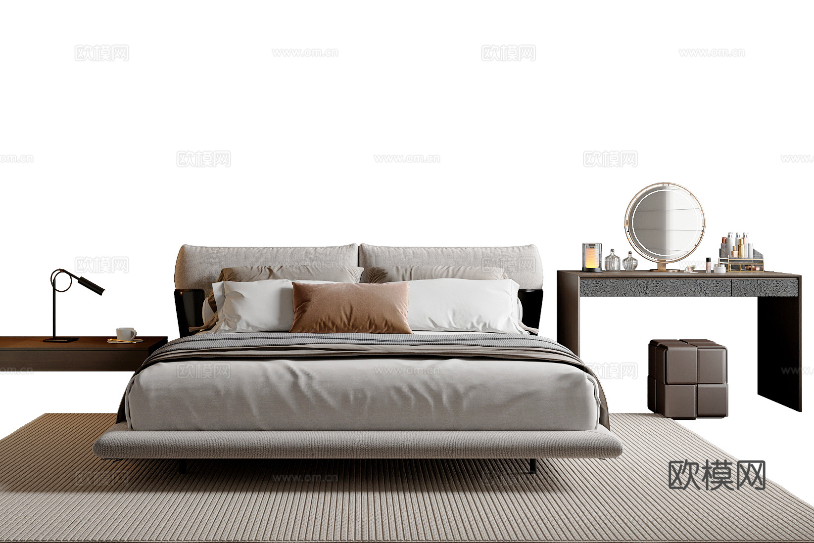 现代简约双人床 布艺床 梳妆台组合 主卧床su模型
