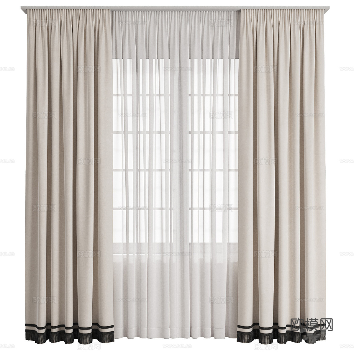 新中式流苏布艺窗帘3d模型下载（渲染图1）