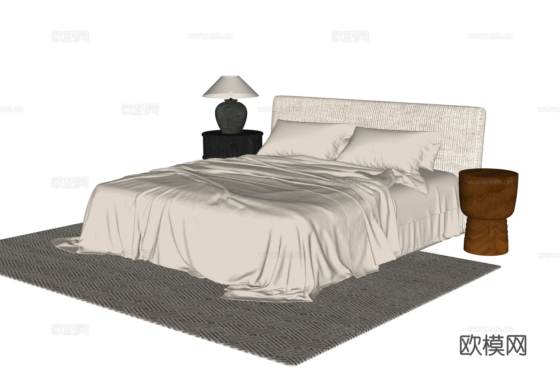 现代双人床 地毯 床头柜su模型
