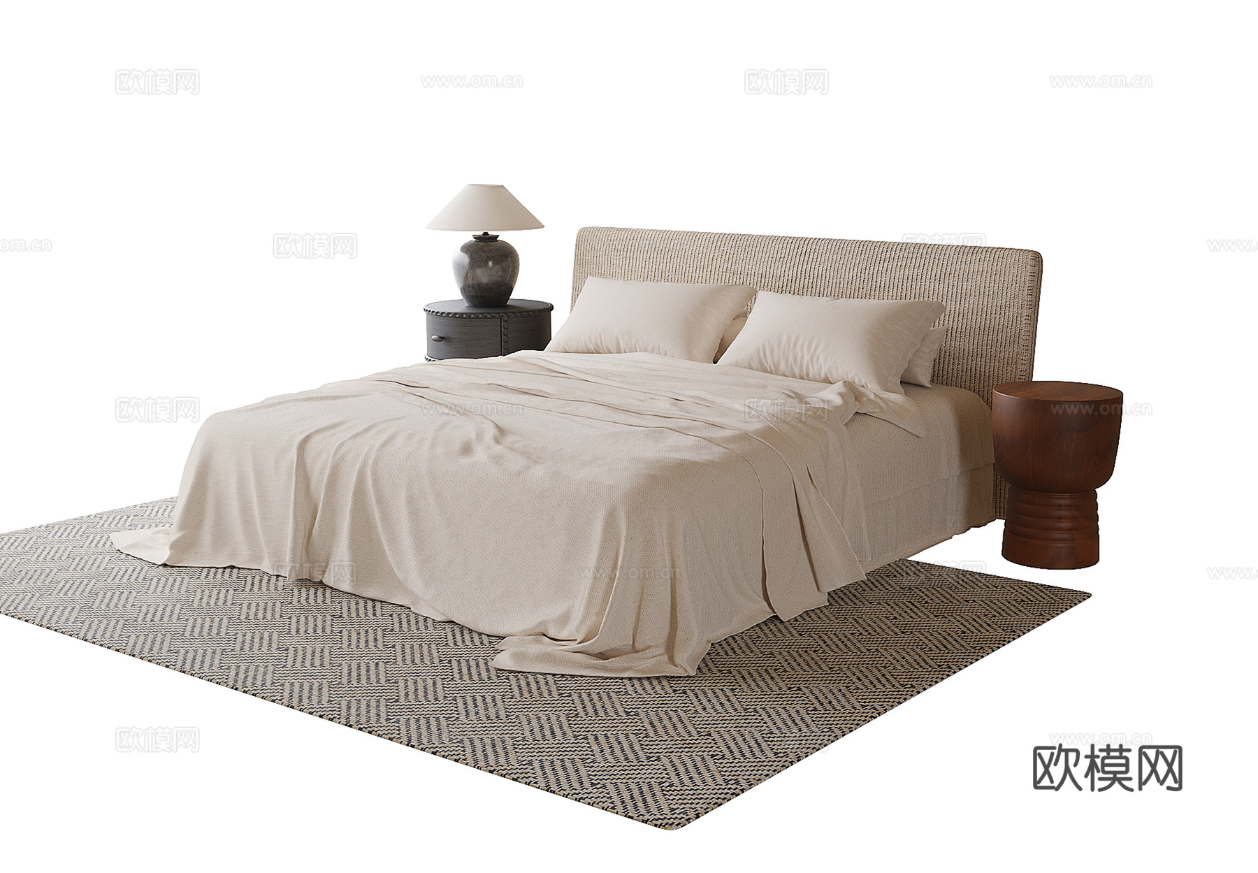 现代双人床 地毯 床头柜su模型