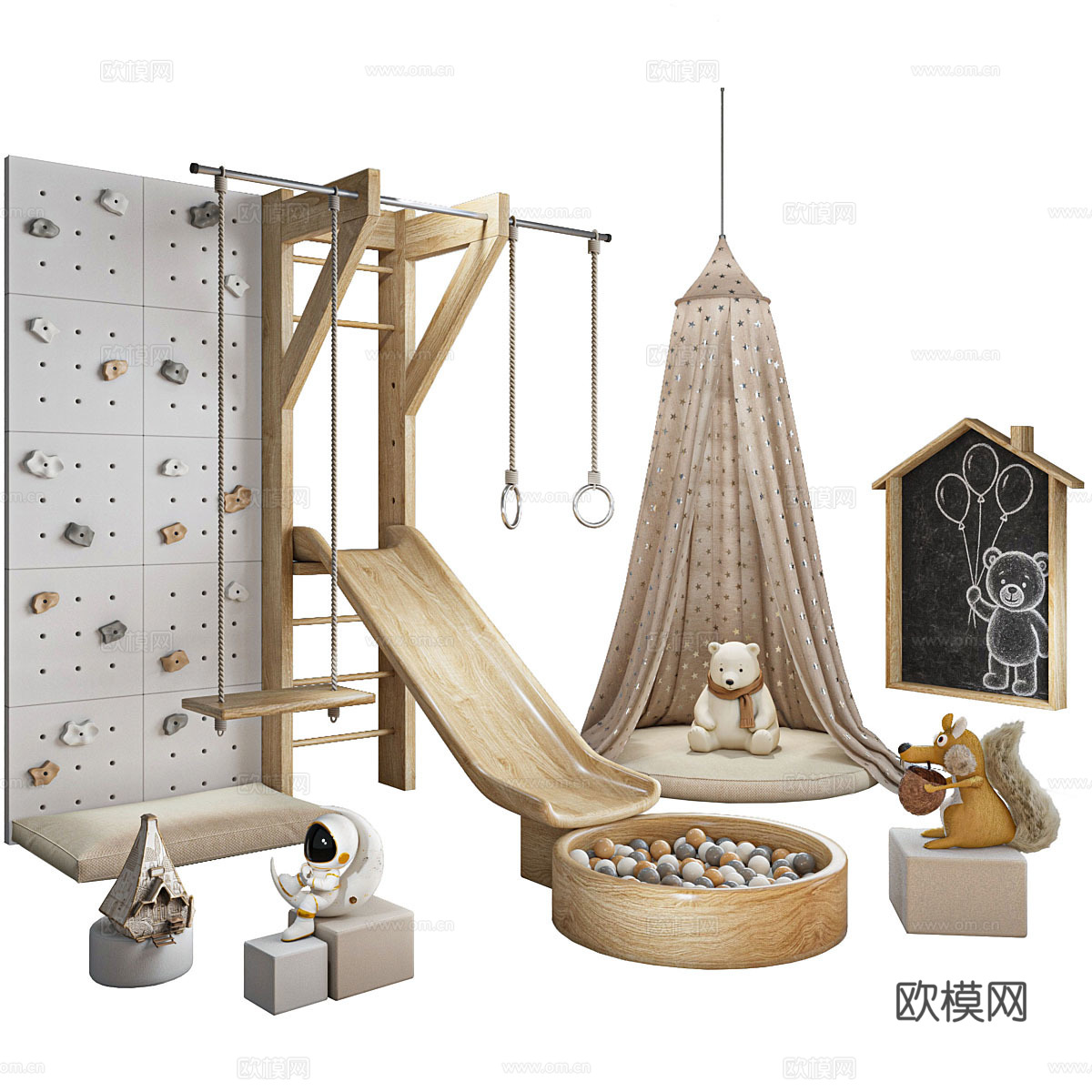 现代奶油风木制儿童游乐区3d模型下载（渲染图1）