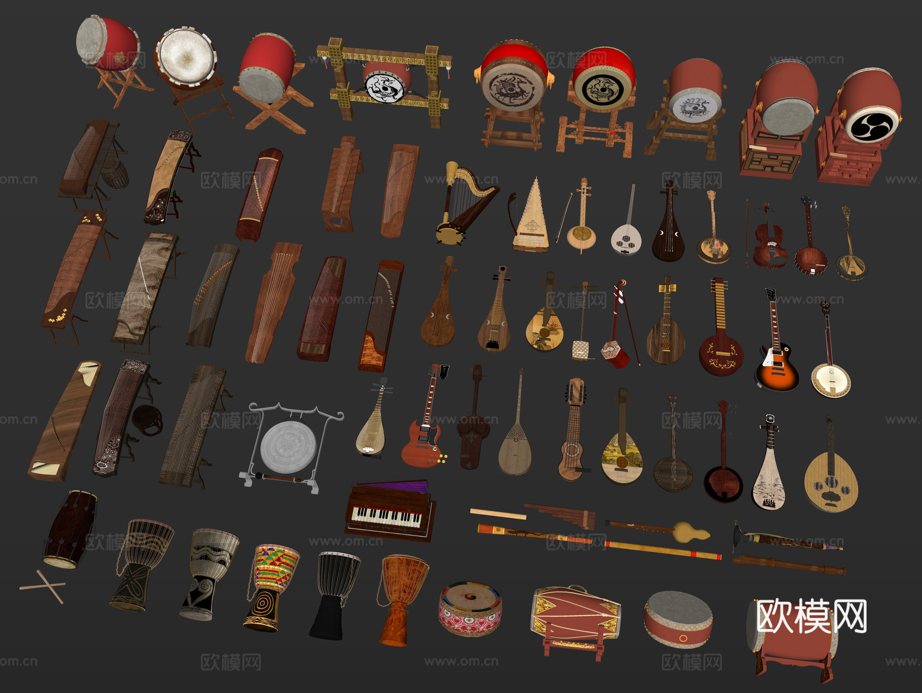中式古典乐器 古筝琵琶 手鼓擂鼓 笛子 民族乐器 排箫腰鼓su模型