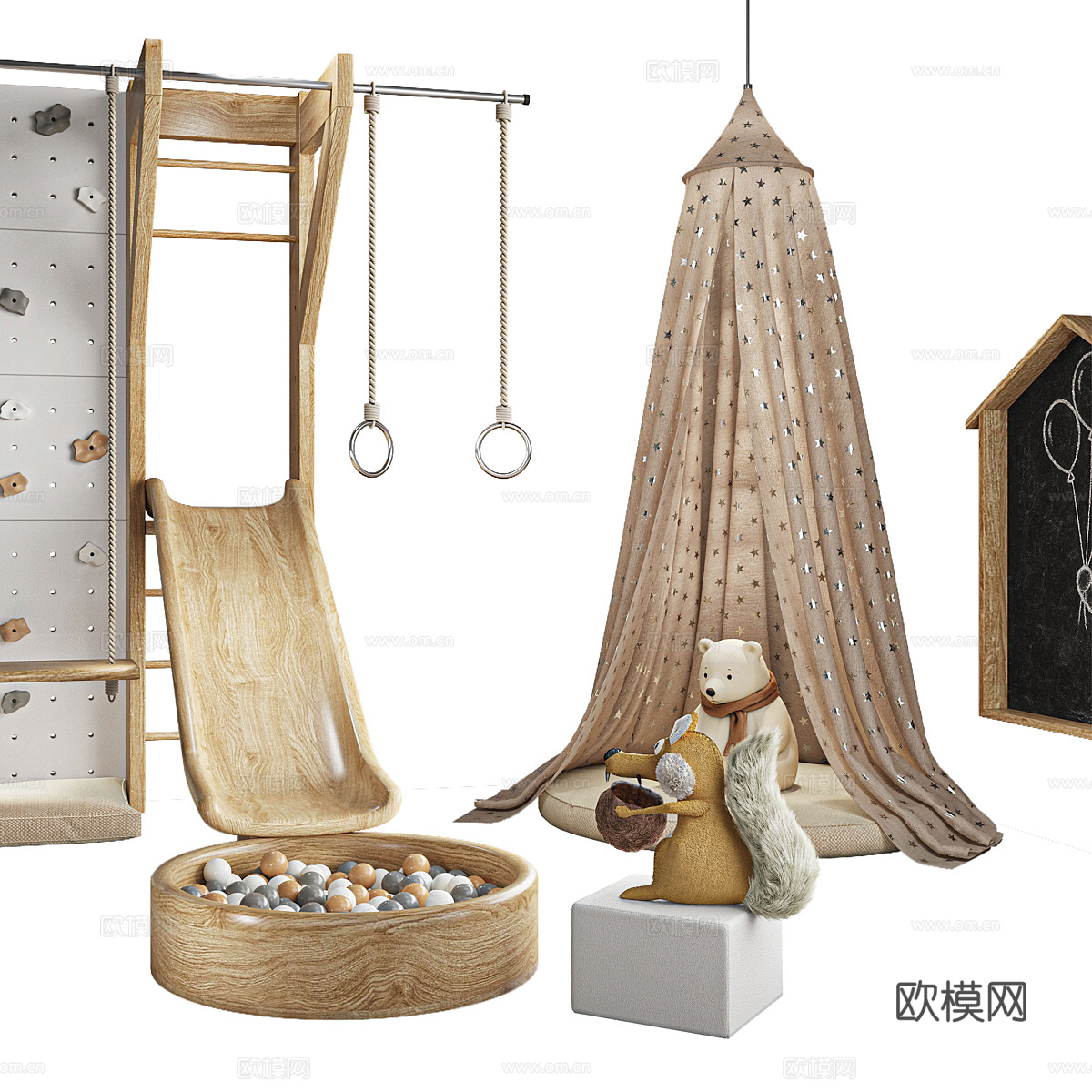 现代奶油风木制儿童游乐区3d模型下载（渲染图4）