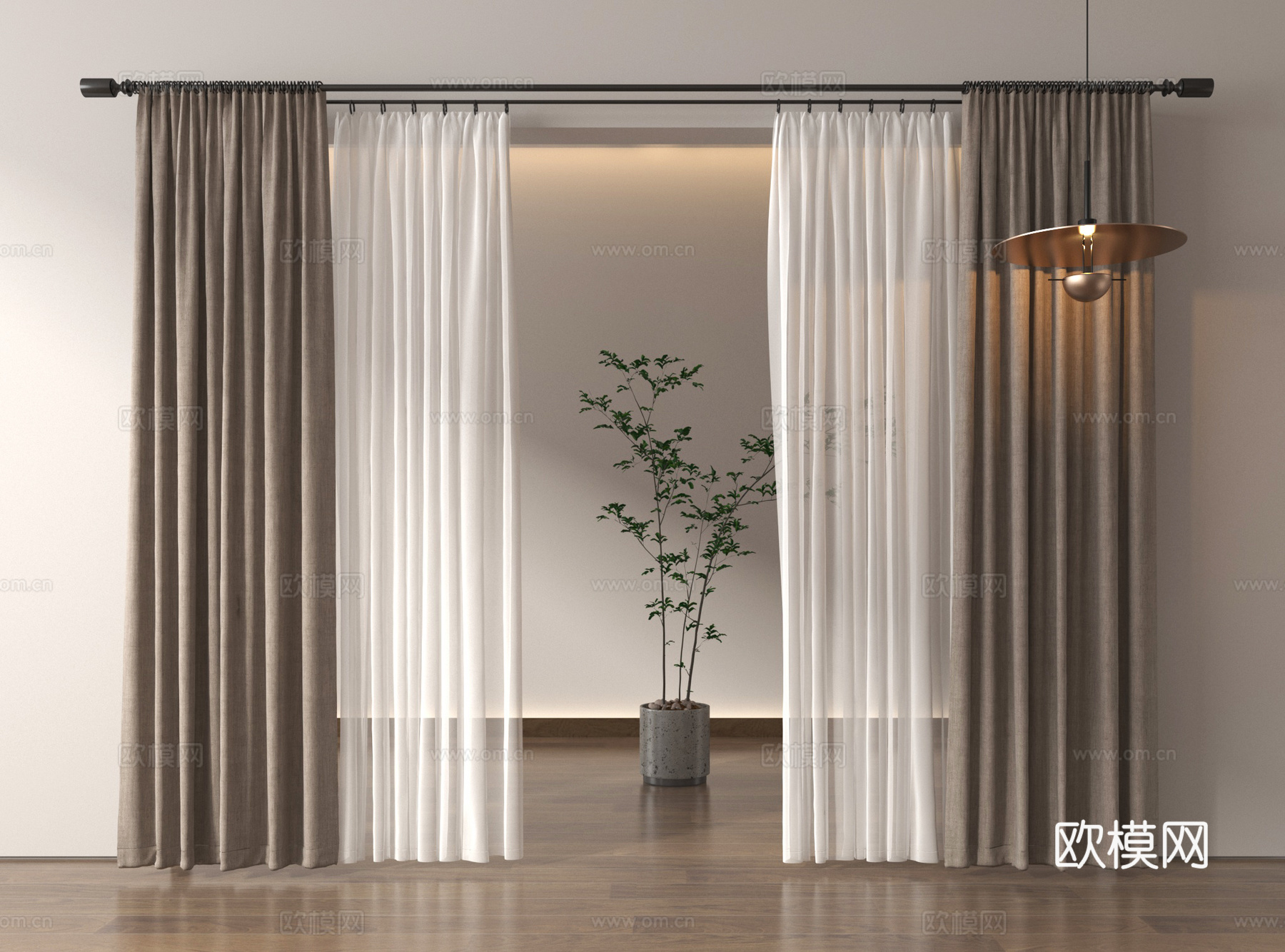 现代窗帘 布艺 纱帘褶帘su模型