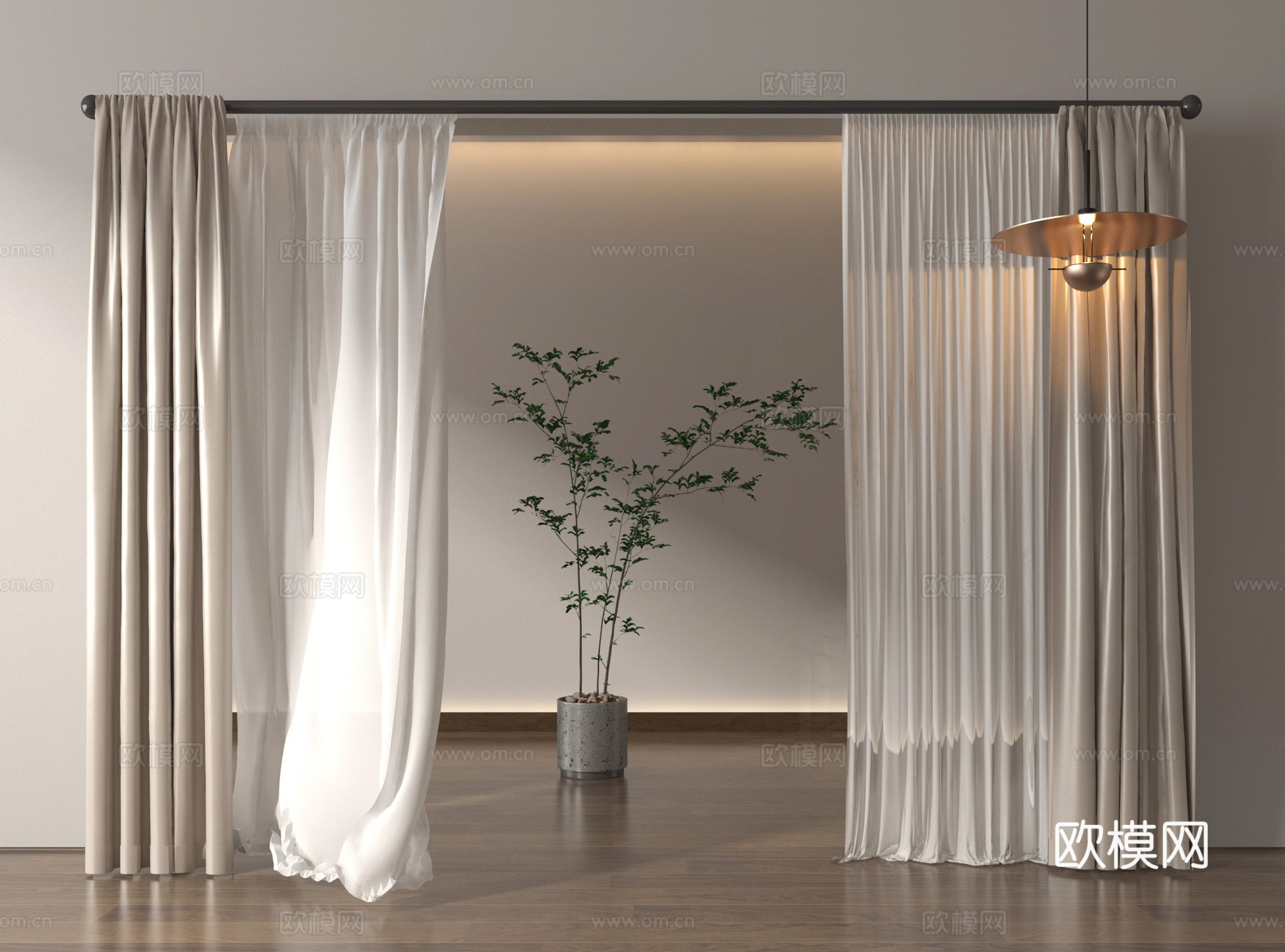 现代窗帘 布艺 纱帘褶帘su模型