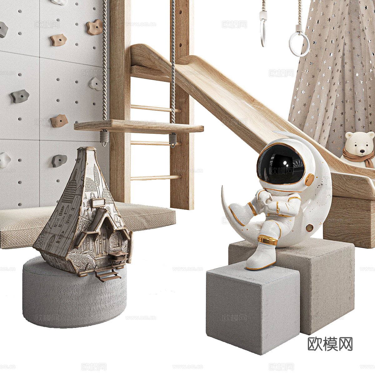 现代奶油风木制儿童游乐区3d模型下载（渲染图3）
