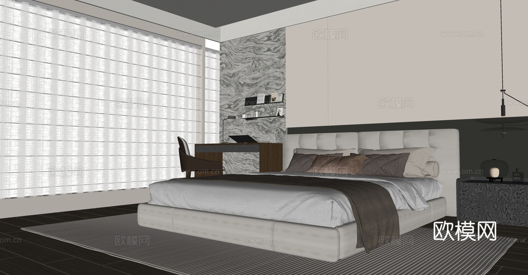 现代简约卧室 主卧 布艺床 书桌椅组合 书架 床头柜 床头吊su模型
