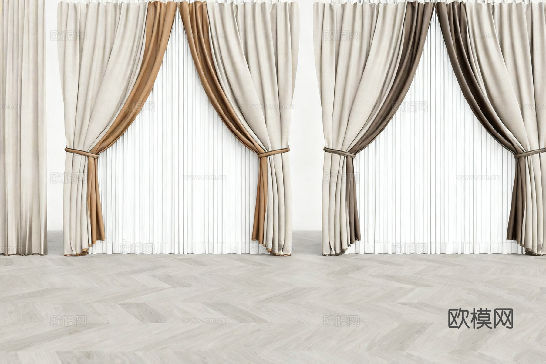 现代窗帘 多层窗帘 纱帘遮光帘 法式褶皱工艺窗帘su模型