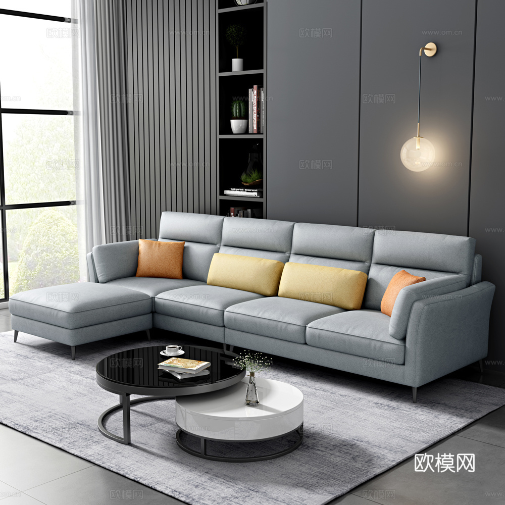 现代客厅直排脚踏沙发茶几组合3d模型下载（渲染图1）