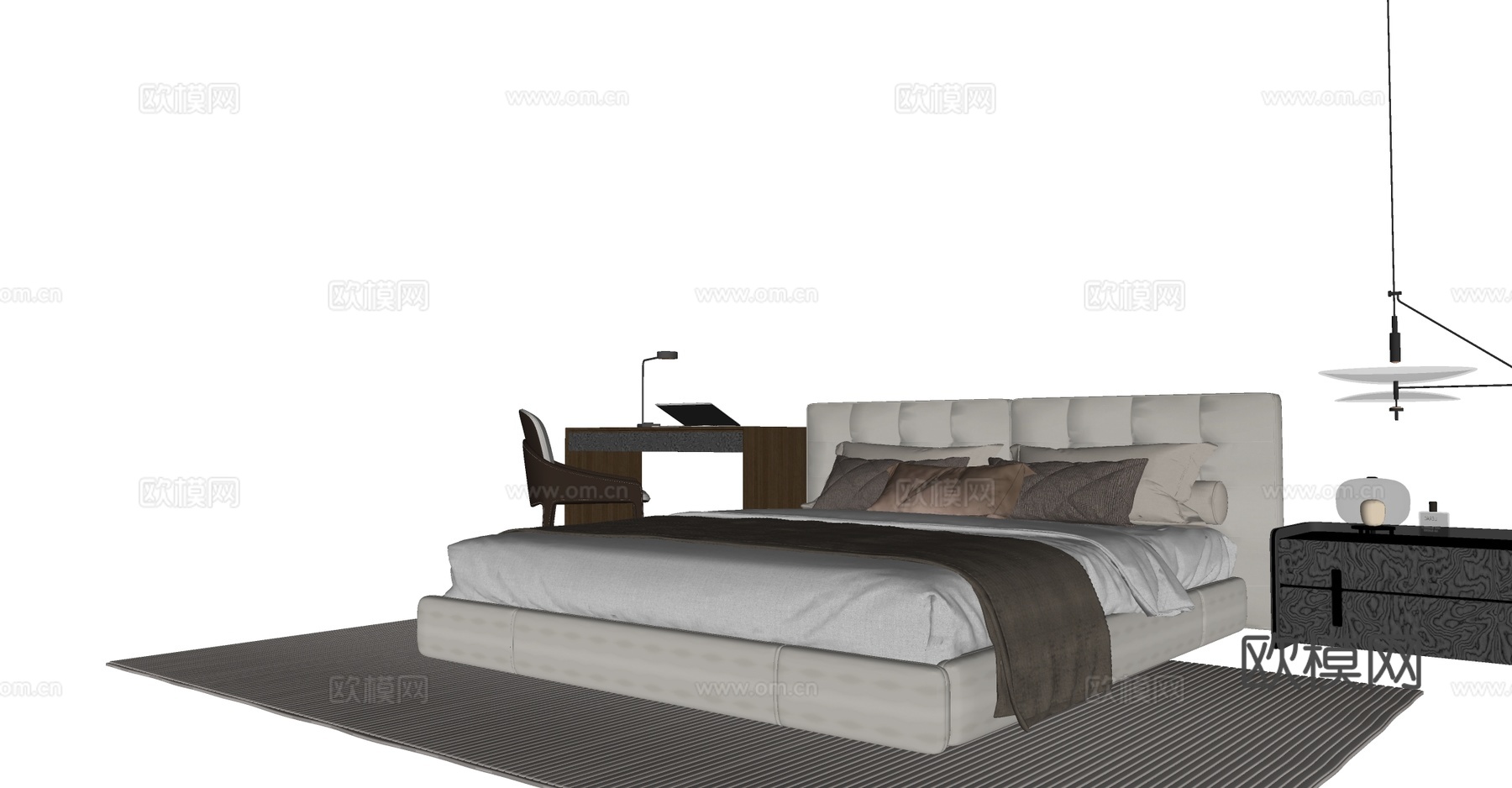 现代简约双人床 布艺床 书桌椅组合 床头柜 床头吊灯su模型