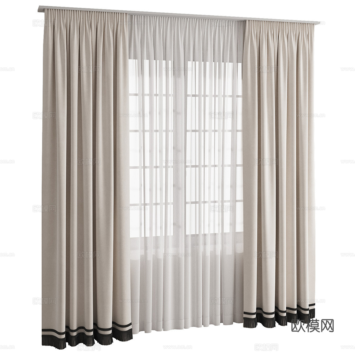 新中式流苏布艺窗帘3d模型下载（渲染图3）