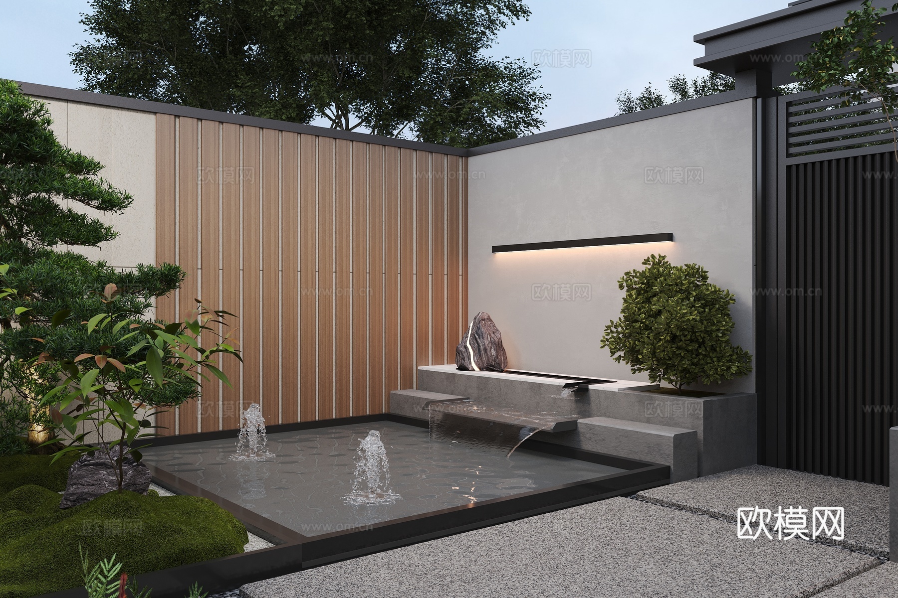 现代庭院花园 背景墙围墙 水系水景 喷泉涌泉 铁艺双开入户门3d模型下载