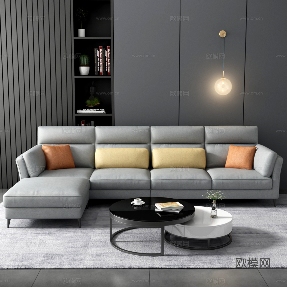 现代客厅直排脚踏沙发茶几组合3d模型下载（渲染图2）