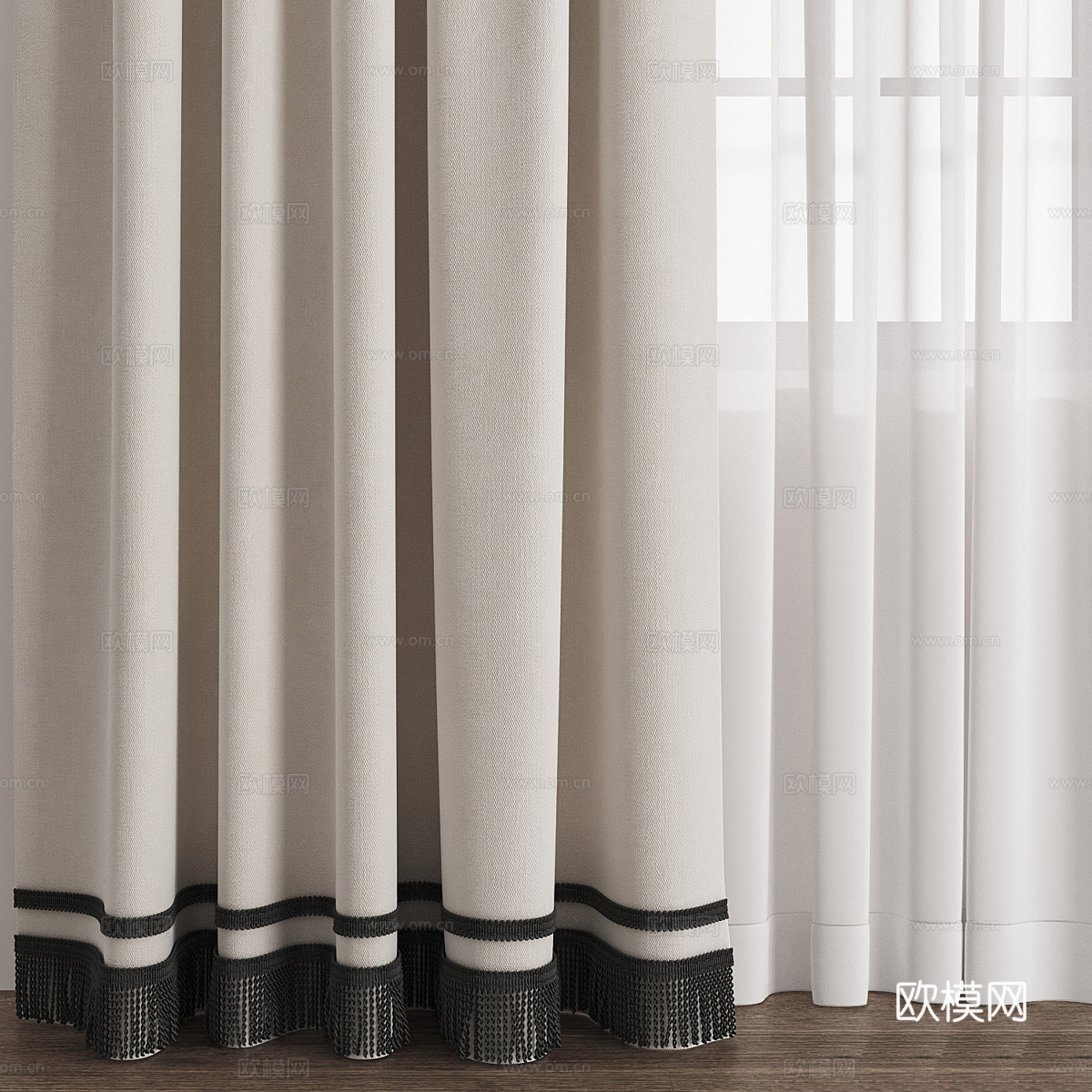 新中式流苏布艺窗帘3d模型下载（渲染图4）