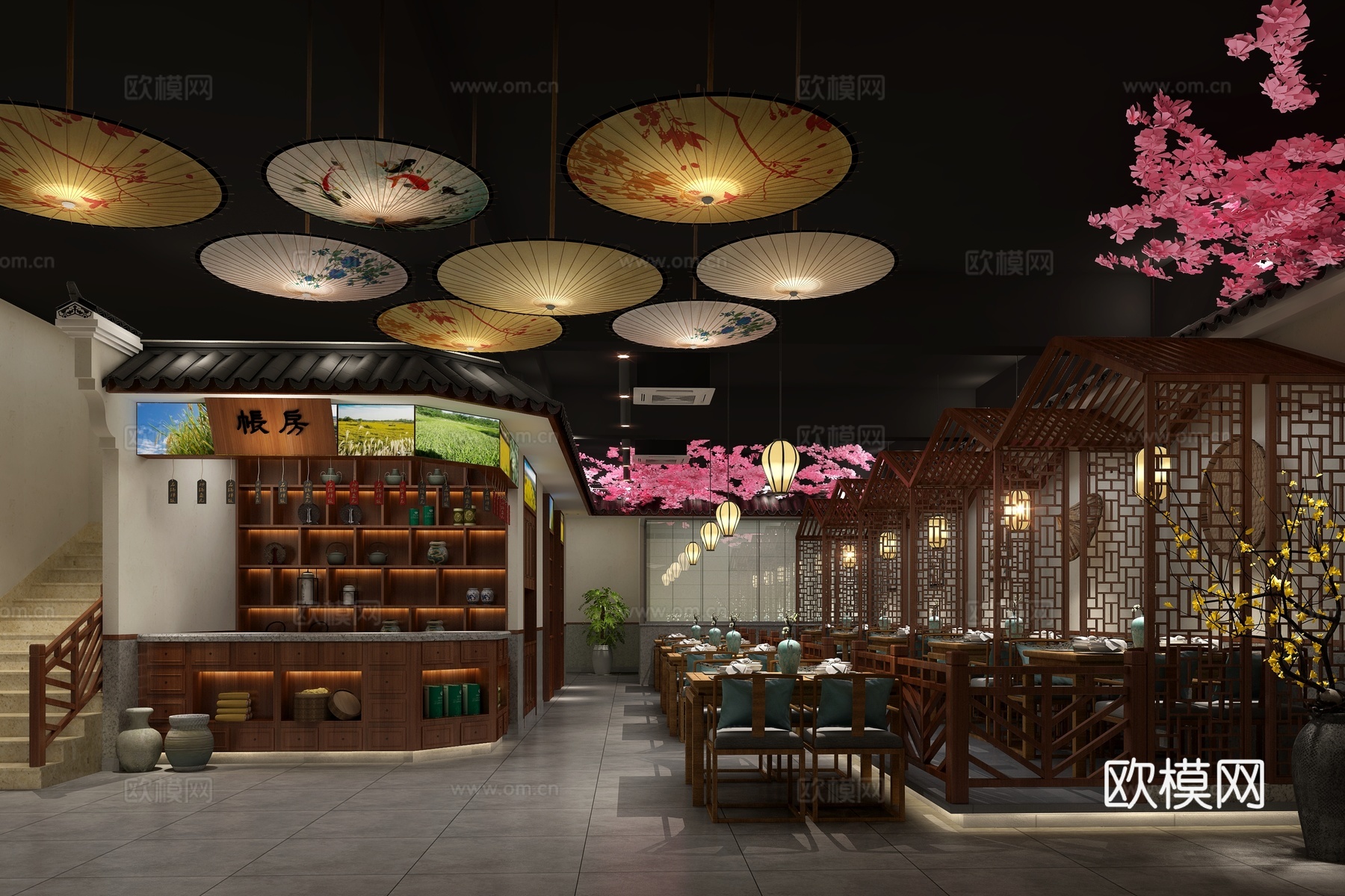中式餐厅大堂3d模型下载
