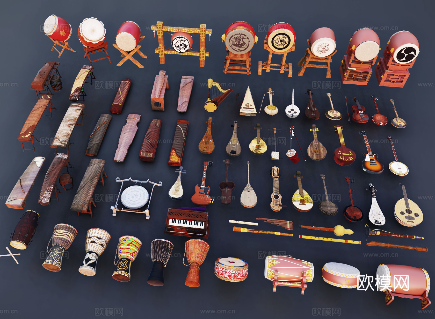 中式古典乐器 古筝琵琶 手鼓擂鼓 笛子 民族乐器 排箫腰鼓su模型
