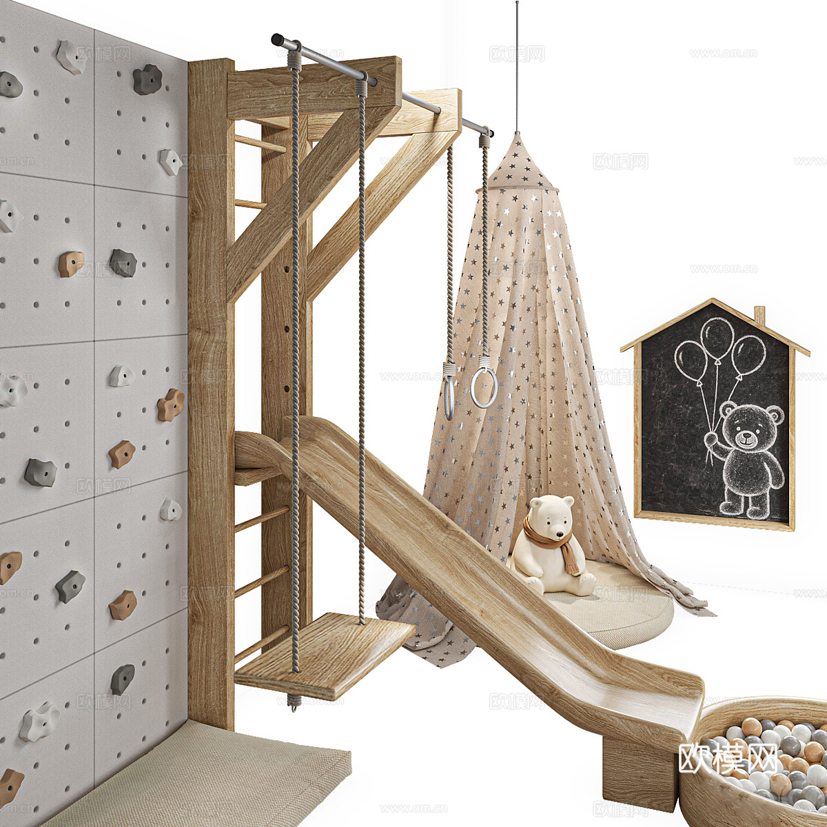 现代奶油风木制儿童游乐区3d模型下载（渲染图2）