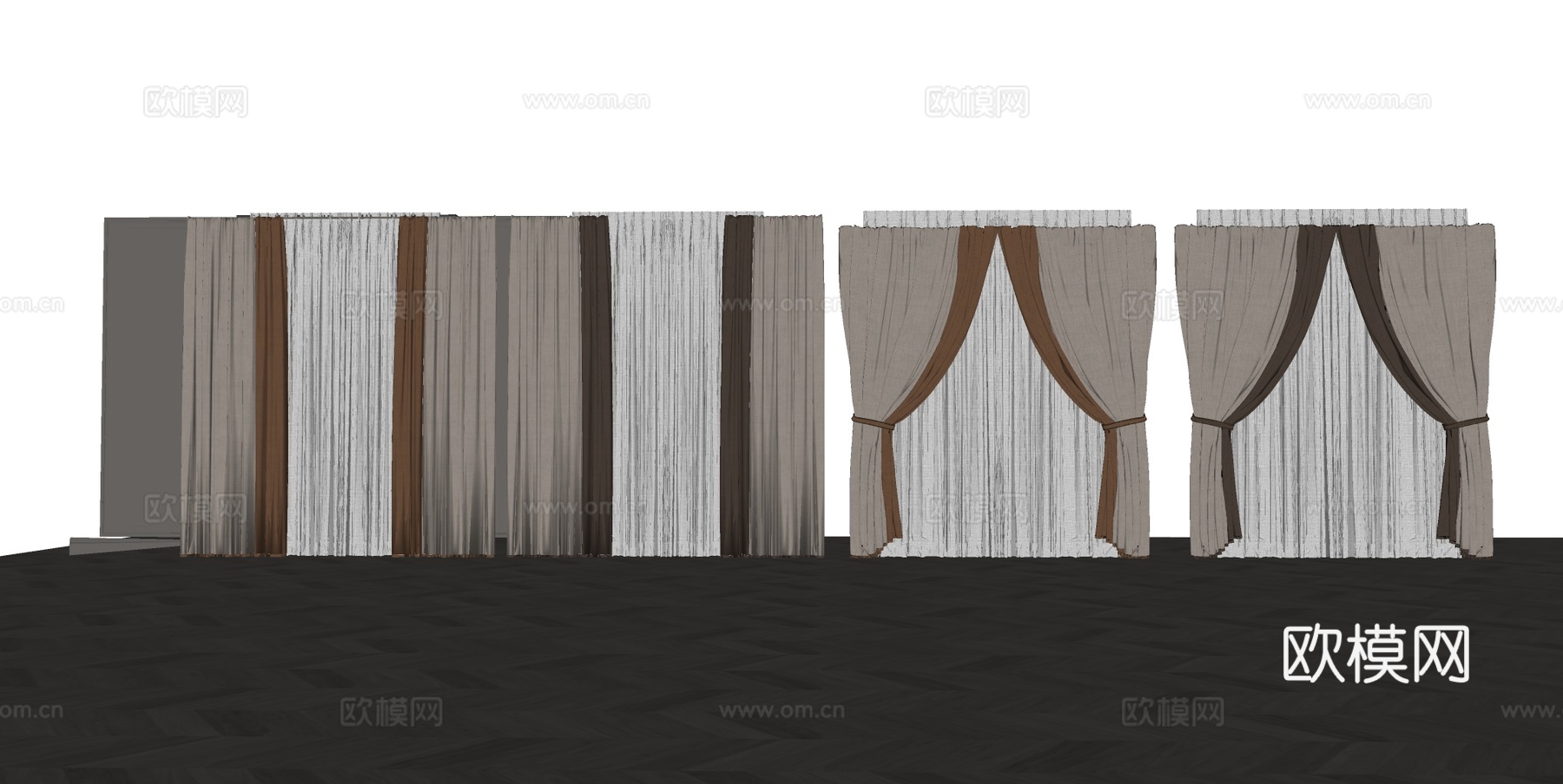 现代窗帘 多层窗帘 纱帘遮光帘 法式褶皱工艺窗帘su模型
