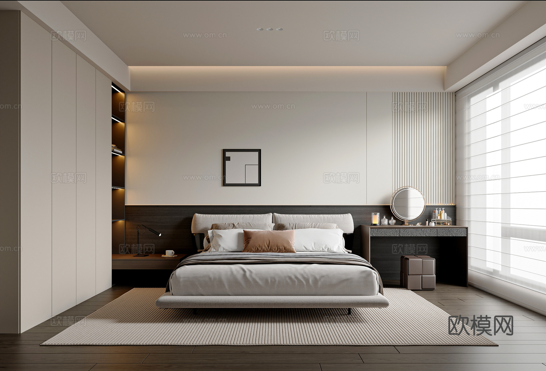 现代简约卧室 布艺床 梳妆椅组合 衣柜 挂画 主卧su模型
