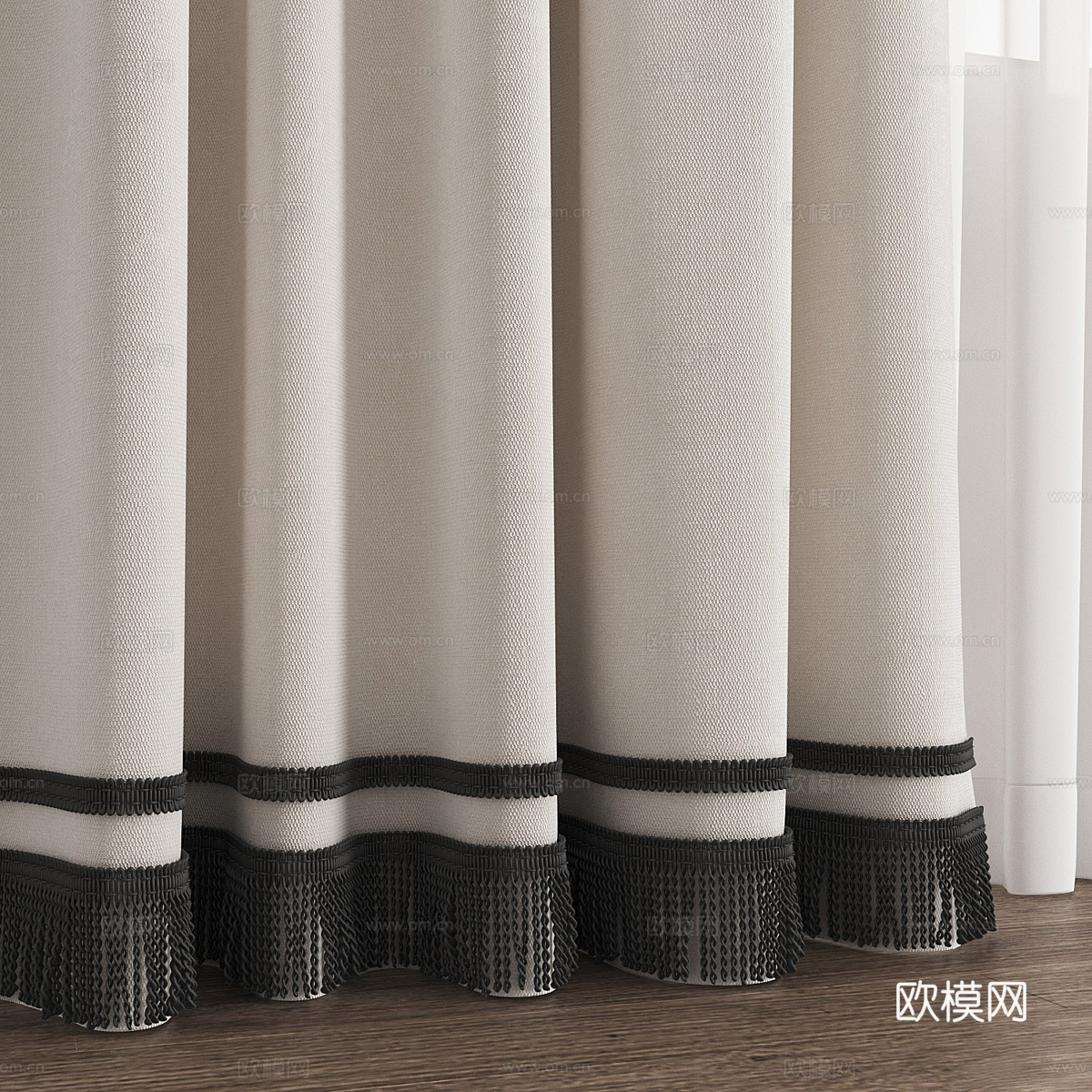 新中式流苏布艺窗帘3d模型下载（渲染图2）